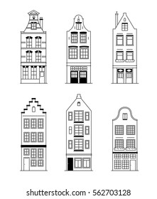 Set of vector buildings outlines. Silhouettes of Dutch architecture.