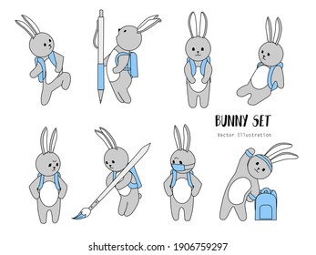 Conjunto de conejillos vectoriales. Dibujaron a mano un conejito de dibujos animados con mochila en la escuela. Diseño de caracteres personalizados. Escolar conejo. Icono gracioso de garabato. Pegatinas de línea simples