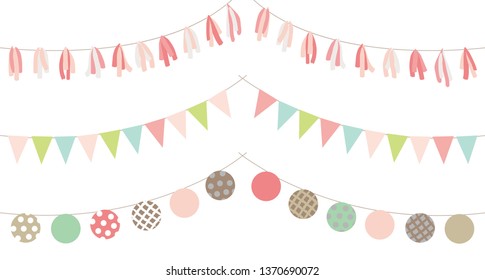Set of vector bunting flags, ribbons, triangles  and circles cute decorative elements on white background.