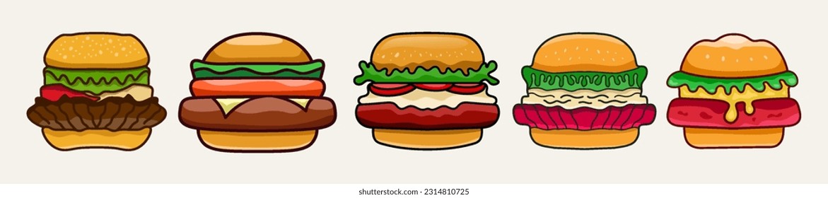 Set of vector burger delicious and artistic fast food with bold line. Hand drawn hamburger menu template.