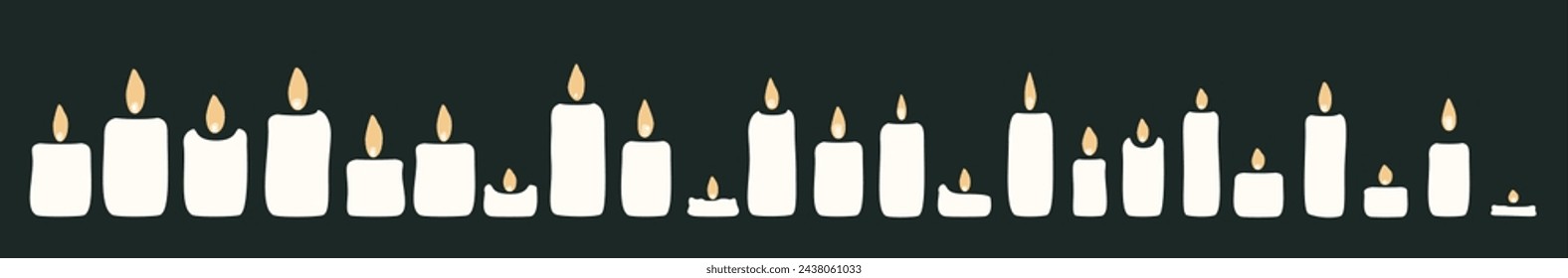 Set of vector burning candles. Fluctuating flame of a wax candle.