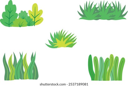 Conjunto de arbusto de Vector e ilustración de hierba aislados sobre fondo transparente. Hierba verde, arbustos planos, arbusto, elemento ambiental arbustivo