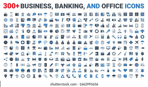 Establecer iconos vectoriales de negocios, banca y finanzas establece el color azul glifo. Iconos para negocios, gestión, finanzas, estrategia, banca, marketing y contabilidad para conceptos móviles y web. Pictograma moderno
