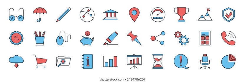 Set Vektor-Geschäfts-, Banken- und Finanzsymbole gesetzt. Icons für Business, Management, Finanzen, Strategie, Banking, Marketing und Accounting für mobile Konzepte und Web. Modernes Piktogramm