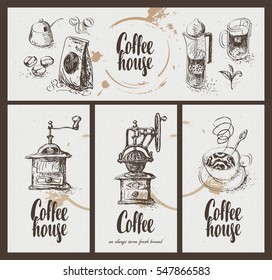 set vector business card with drawing utensils for drinking coffee