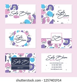 Set of vector business card templates. Hand drawn abstract shapes with different textures, spots and decorative elements on white backgrounds. Doodle. Creative unique design. Freehand style. Eps10