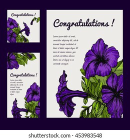 Set of vector business cards and blank with flower Petunia