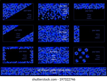 set of vector business cards with blue hexagons and place for your text isolated on black background