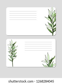 A set of vector business cards with green plants for posting information, decoration of tablets, presentations