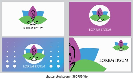 set of vector business cards with the image of yoga man character sitting in the Lotus on a colored background