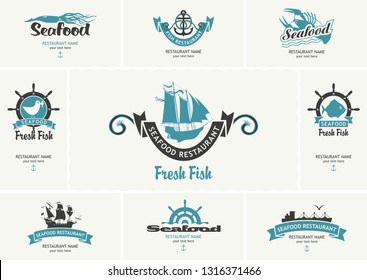 Set of vector business cards with logos on the theme of seafood in retro style