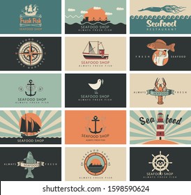 Set of vector business cards on the theme of fresh seafood in retro style. Can be used as label, emblem, logo, menu, flyer, design element for for fish shop or seafood restaurant