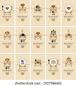 Establecer vector de tarjetas de visita para restaurante o cafetería. Elegantes tarjetas de visita con iconos sobre el tema de la comida y bebida y un lugar para el texto en un estilo retro sobre un fondo beige