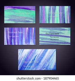 Set of vector business cards template with hand painted brush strokes backgrounds.