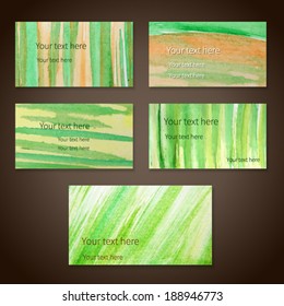 Set of vector business cards template with hand painted brush strokes backgrounds. 