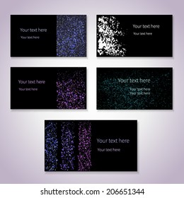Set of vector business cards template with hand painted brush spots on black background. Place for your text. 