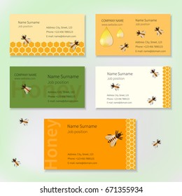 Set of vector business cards with yellow honeycomb, honey drops and bees.