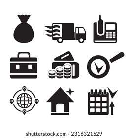 A set of vector business icons in black.
