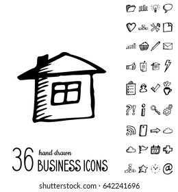 Set of Vector Business Icons in Doodle Style. Hand Drawn Finance Symbols. Sketched Infographic Elements