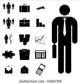 A set of vector business icons such as people, graphs, calculators and buildings.