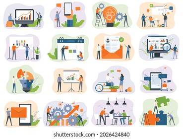 Set of vector business illustration design concept. Business marketing team plan meeting. people working collaboration with social network. and can use for web landing page banner and mobile app