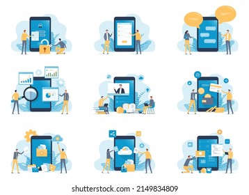 Set of vector business illustration design web landing page banner concept. Business people working with mobile phone application. Investment education mobile banking cloud server concept 