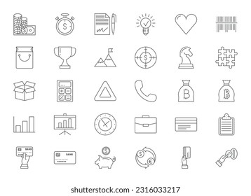 Establecer iconos vectoriales de línea de negocio en diseño plano con elementos para conceptos móviles y aplicaciones. Iconos para negocios, gestión, finanzas, estrategia, marketing. Logo de la colección y pictograma. Stroke Editable