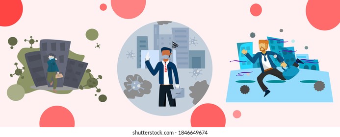 Set vector business man is group with pollution,  people wearing is a mask protect dust and bacteria. Vector illustration banner flat style 