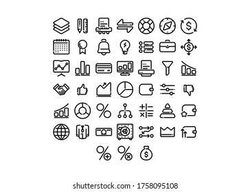 Conjunto de iconos de negocio de vectores, dinero y análisis para sitios web, aplicaciones y productos impresos