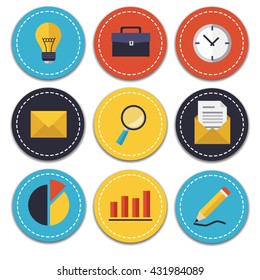 Set of vector business and office icons. Isolated and round elements.