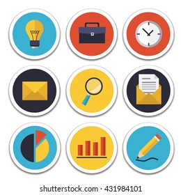 Set of vector business and office icons. Isolated and round elements.
