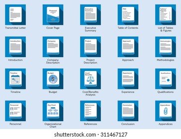 Set of vector business proposal icons. Collection of blue document icons with text for proposal organization.