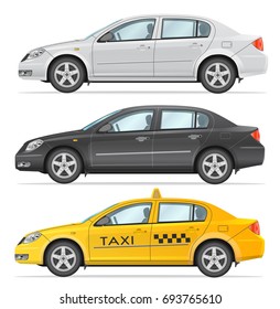 Set of vector business sedan and taxi. Black and White and Yellow colors. Side view isolated on white background. Photo realism