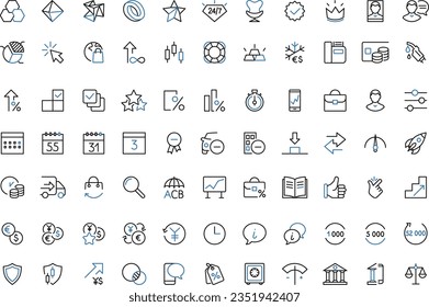Un conjunto de iconos de dos colores para el negocio de vectores. Temas bancarios y financieros sobre depósitos, divisas, ganancias, planes, gestión del tiempo