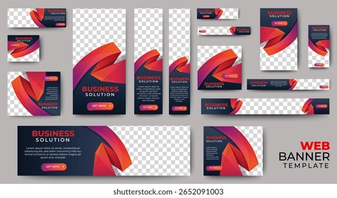 conjunto de banners web de negócios de vetor de tamanhos padrão com um lugar para fotos. Modelos verticais e horizontais com formas e botões de gradiente vermelho modernos.