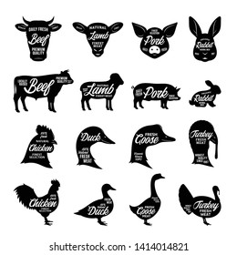 Set of vector butcher shop logo. Farm animal silhouettes and faces collection for groceries, meat stores, butcheries, packaging and advertising.