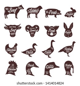 Set of vector butcher shop logo. Farm animal silhouettes and faces collection for groceries, meat stores, butcheries, packaging and advertising.