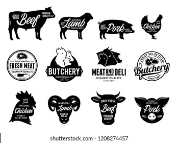 Set of vector butchery logo. Farm animals silhouettes and icons collection for groceries, meat stores, butcher's shops, packaging and advertising.