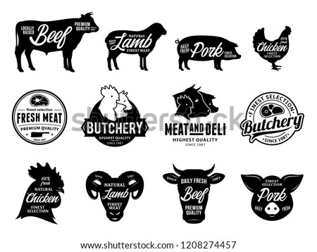 Set of vector butchery logo. Farm animals silhouettes and icons collection for groceries, meat stores, butcher's shops, packaging and advertising.