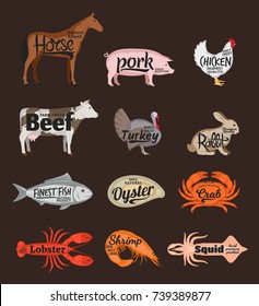 Set of vector butchery and seafood icons