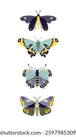 Set of vector butterflies in blue tones, flat style illustration on white background