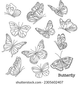 Set of vector butterflies. Collection of vintage elegant illustrations of butterflies. Insect butterfly black silhouette of butterflies flying isolated on white background.