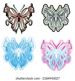 A set of vector butterflies. Graphic stylized decorative drawing. Symmetrical ornament with moth wings. Colorful patterns.
