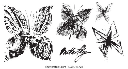 Set of  vector butterflies. Hand drawing black and white silhouettes with monotype effect