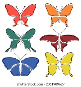 Set of vector butterflies in One-Line style with colored elements.