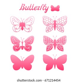 Set Vector Butterfly silhouette pink. Hand drawing on the wings. Illustration solated on white background.
