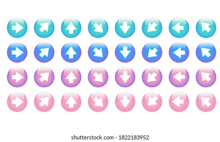 set of vector button arrows. Collection of arrows in different directions: up down left right sideways. A set of character signs in a trendy pink and blue color on a white background.