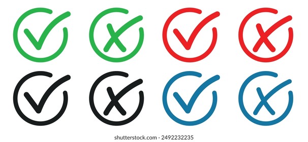 Satz von Vektorgrafik-Buttonen mit Häkchen und Kreuz-Symbol. Checkbox-Symbol mit rechten und falschen Buttonen und Ja oder Nein Markierungssymbole in grünen, roten, blauen und schwarzen Kästchen.