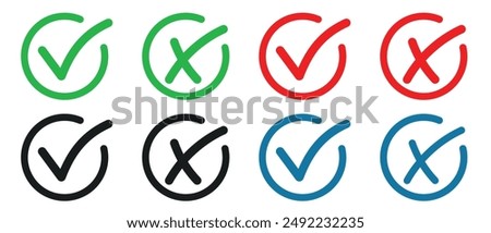 Set of vector buttons with checkmark and cross icon. Checkbox icon with right and wrong buttons and yes or no checkmark icons in green, red, blue and black box.