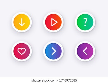 Set of vector buttons. Different gradient colors and icons on white forms with soft shadows.